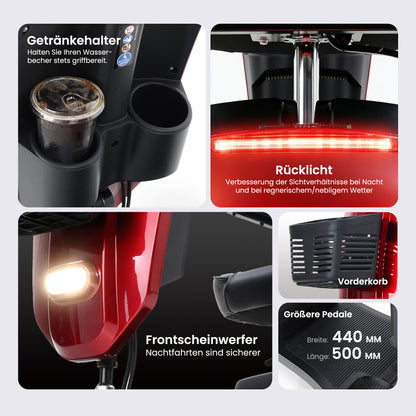 Velmontly-S1 MAX PLUS Elektromobil mit 20-Ah-Akku, 25 km Reichweite, 300-W-Motor, LED-Beleuchtung und 360°-Drehsitz.