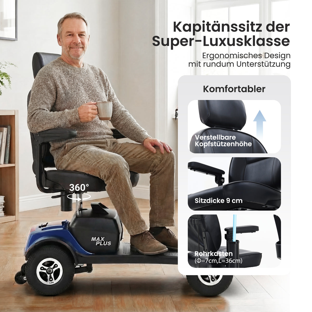 Velmontly-S1-MAX PLUS Elektromobil mit 20-Ah-Akku, 25 km Reichweite, 300-W-Motor, LED-Beleuchtung und 360°-Drehsitz.