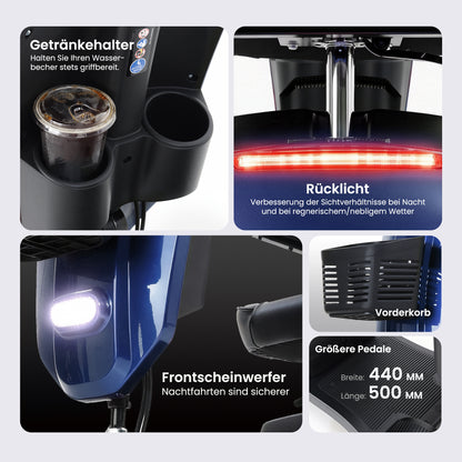 Velmontly-S1-MAX PLUS Elektromobil mit 20-Ah-Akku, 25 km Reichweite, 300-W-Motor, LED-Beleuchtung und 360°-Drehsitz.
