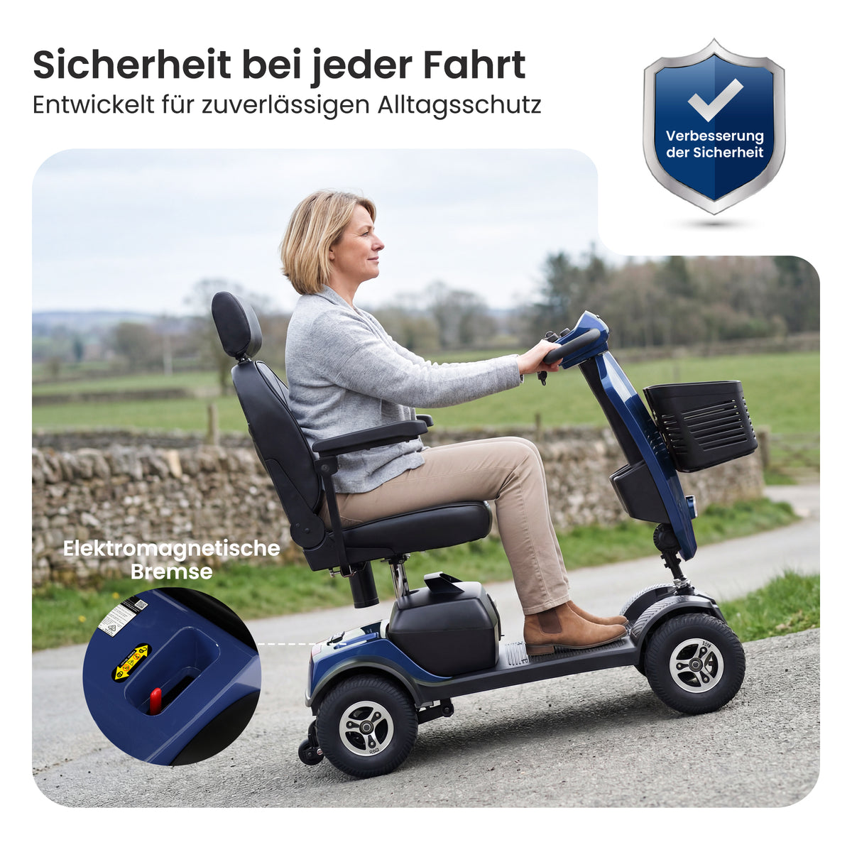 Velmontly-S1-MAX PLUS Elektromobil mit 20-Ah-Akku, 25 km Reichweite, 300-W-Motor, LED-Beleuchtung und 360°-Drehsitz.